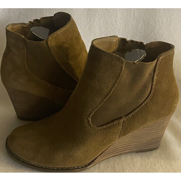 LUCKY BRAND Yamka Leather Suede Wedge Bootie Camel Tan BOOTS Sz 8 Woman’s - Picture 5 of 10